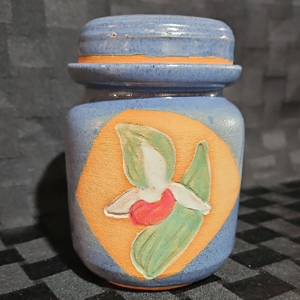 Beautifully Handcrafted Blue Ceramic Lidded Jar/Crock with Floral Design
